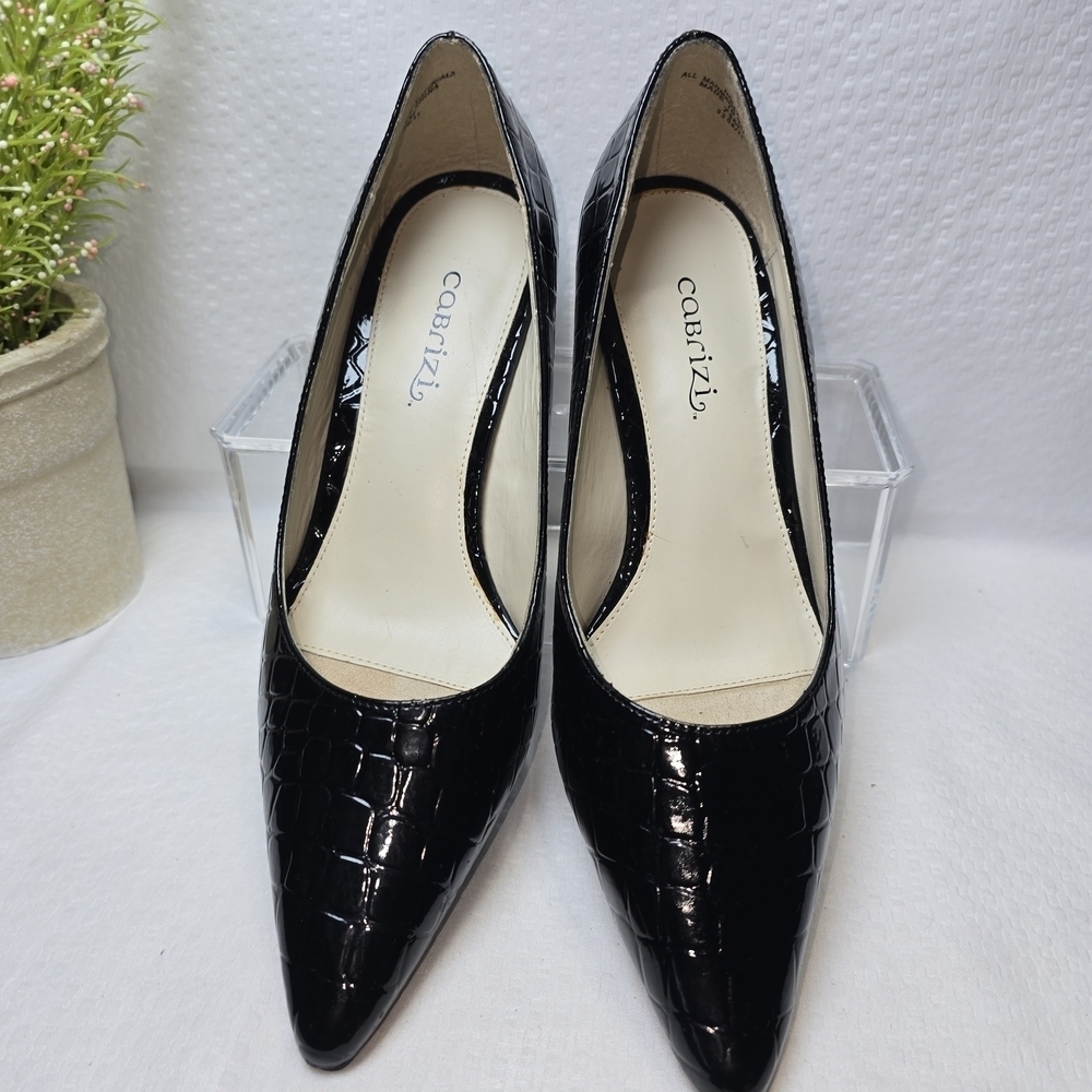 Cabrizi HOLLY Black Glossy Croc Pumps Kitten Heel 7.5